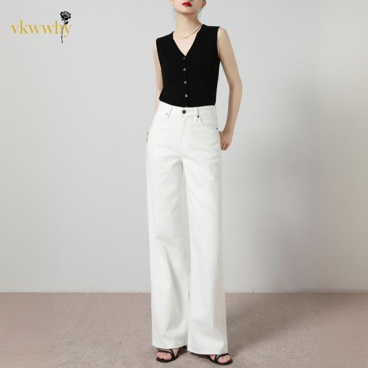 新款春夏无弹全棉百搭牛仔裤女白色宽松高腰阔腿裤纯欲慵懒风女装
