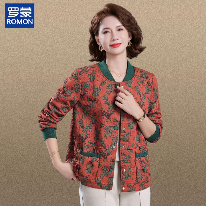 罗蒙时尚妈妈春秋装中老年女装短款夹克衫中年印花春秋季新款外套