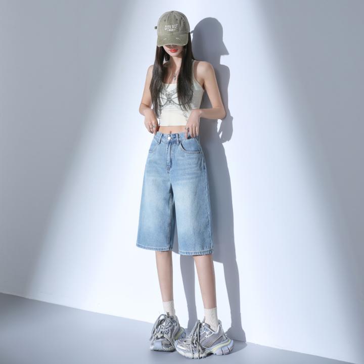 拉夏贝尔浅蓝色阔腿牛仔裤女夏天厚款百搭宽松显瘦休闲直筒六分裤