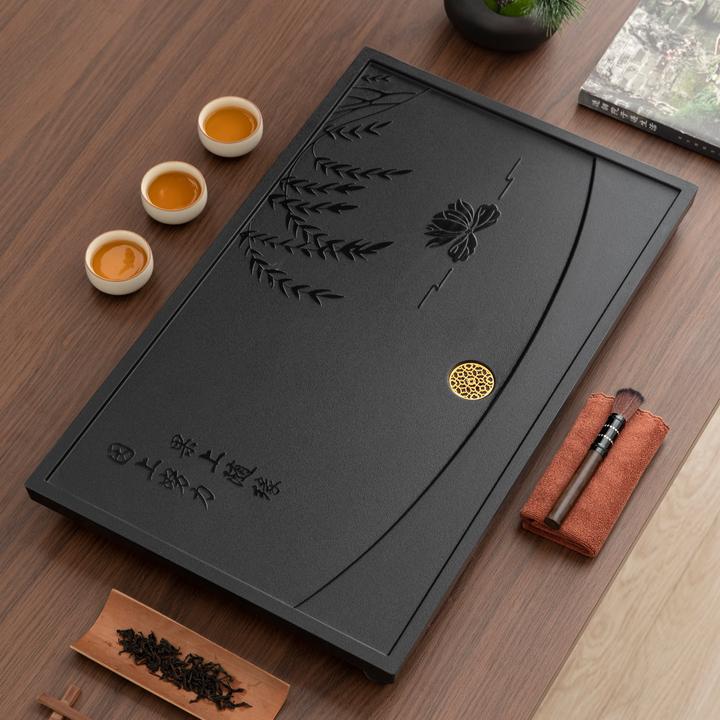 新中式人造仿乌金石排水干泡盘茶室家用简约长方形茶盘高档茶托盘