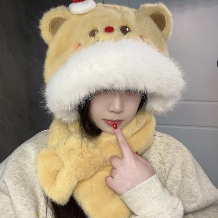 毛茸茸黄油蛋糕小熊毛绒帽子围巾一体女冬季保暖防风寒帽子女秋冬