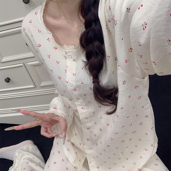 甜美风樱桃长袖睡衣女款春秋季爆款云朵棉长裤女士家居服两件套装