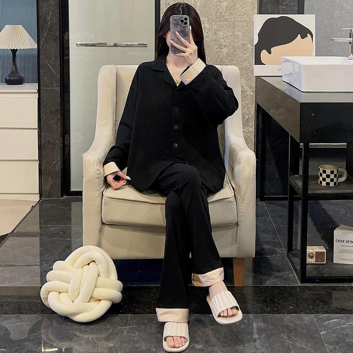 睡衣女春秋季长袖大码德绒2025新款可外穿恒温保暖黑色套装家居服