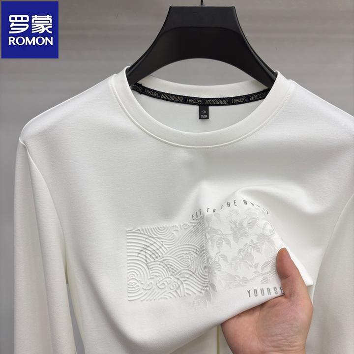 罗蒙男士长袖t恤宽松套头卫衣时尚简约中年印花休闲打底上衣男装