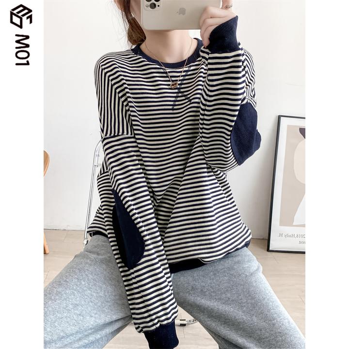M01大码胖mm显瘦条纹圆领卫衣女春秋2025新款韩版设计感宽松上衣