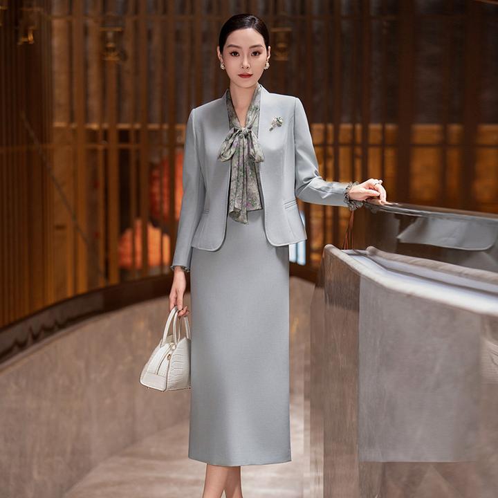 逸韵清婉-首尚格释春秋季连立领西装外套飘带印花裙职业两件套