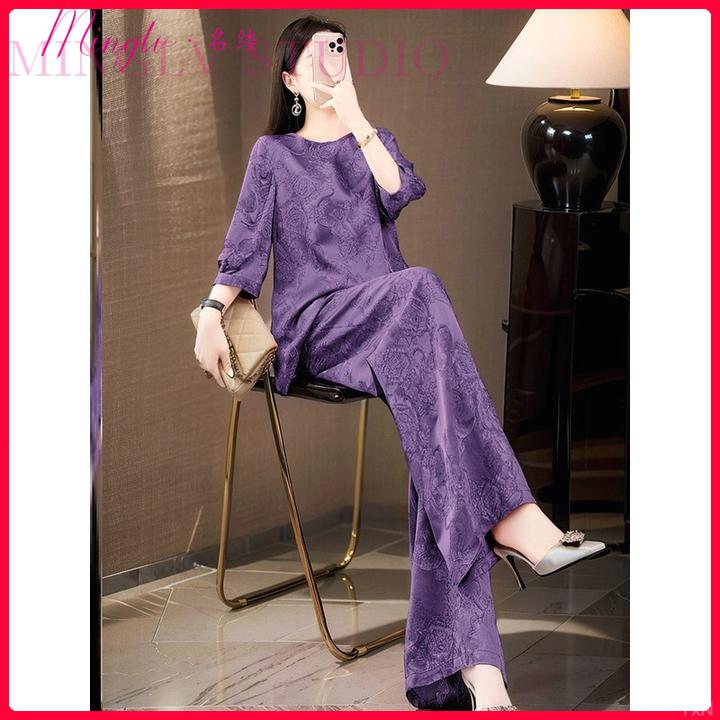 2025年夏季轻国风紫色宽松七分袖贵气感提花上衣阔腿裤两件套装女