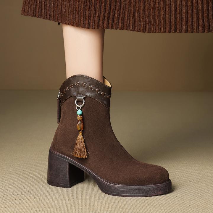 里外真皮~7cm厚底时尚感吊坠马丁靴秋季复古粗跟短靴女西部牛仔靴