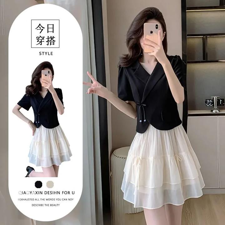 单件/优雅气质装裙夏高级感小众短袖西装上衣甜气半身裙