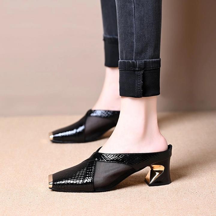 【奥莱专柜】尖头粗跟凉拖鞋女夏季外穿中跟2025年女平底包头拖鞋