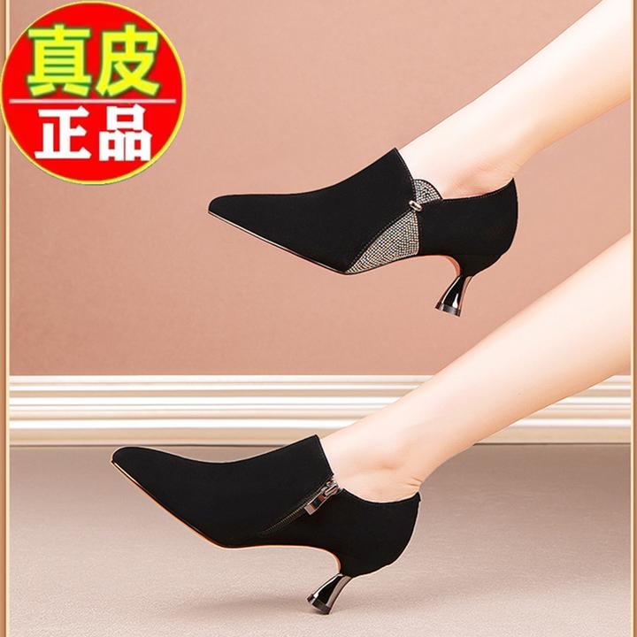 【万达撤柜】舒适绒面单靴短靴女秋冬新款高跟鞋女细跟深口百搭中跟