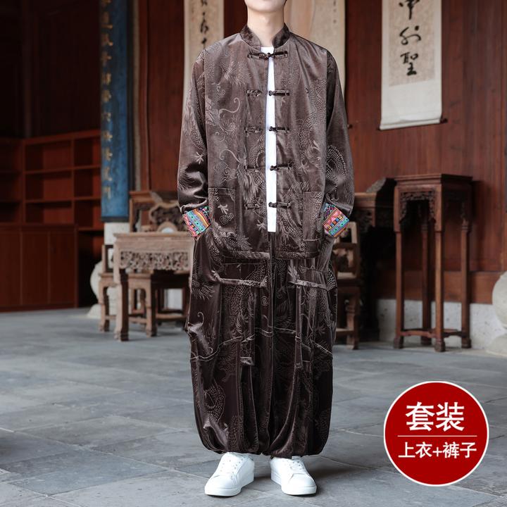 民族风印花中山装茶服男中国风金丝绒唐装大码宽松金丝绒汉服套装