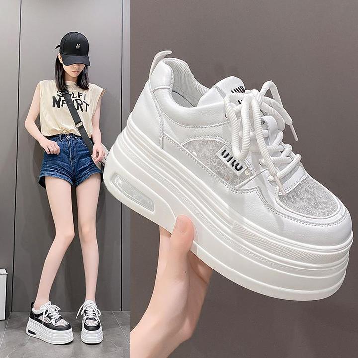 专柜品牌网面透气小白鞋女夏季欧洲站2024新款厚底增高松糕鞋女运