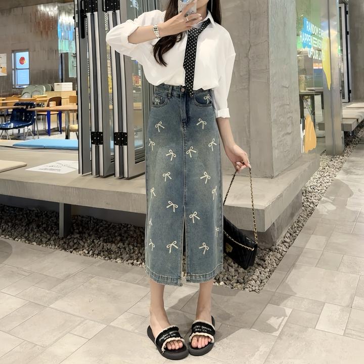 春夏休闲中国风蝴蝶印花装饰无弹前开叉气质牛仔半身裙A字裙8205#