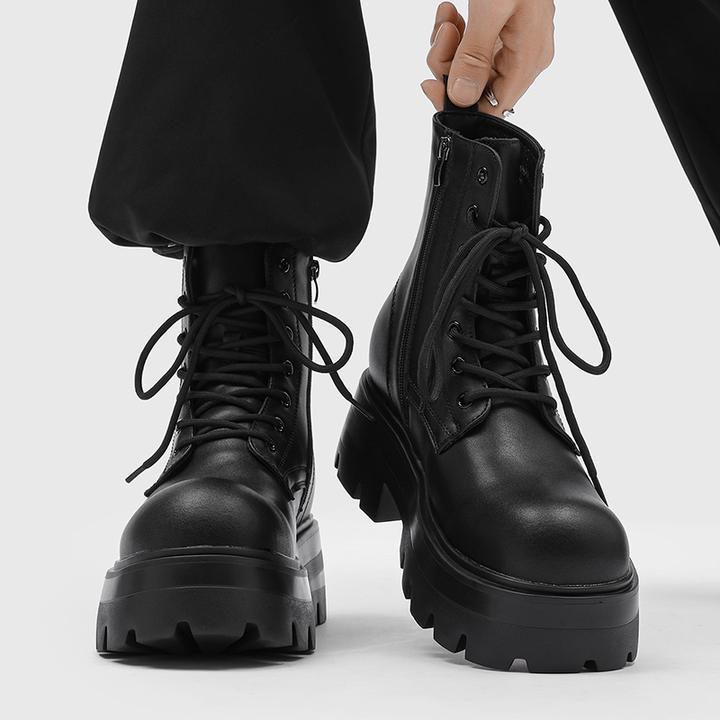 英伦风拉链切尔西马丁靴男隐形增高7CM机车靴欧美中帮大头工装靴