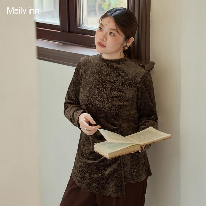 美丽客栈高端大码女装猫眼冰花绒胖mm遮肚子正肩中高领咖色打底衫