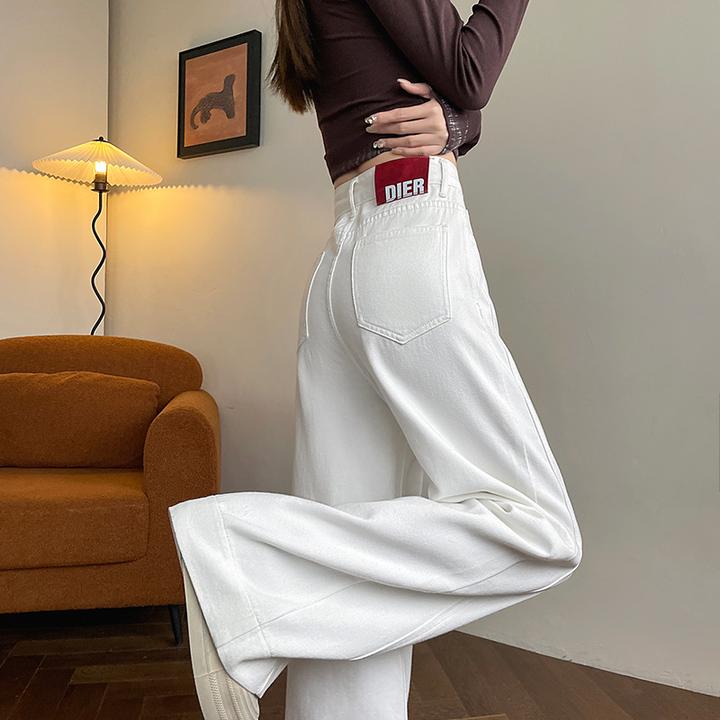 白色阔腿加绒牛仔裤女秋冬季长裤时尚个性拼接宽松显瘦拖地裤子