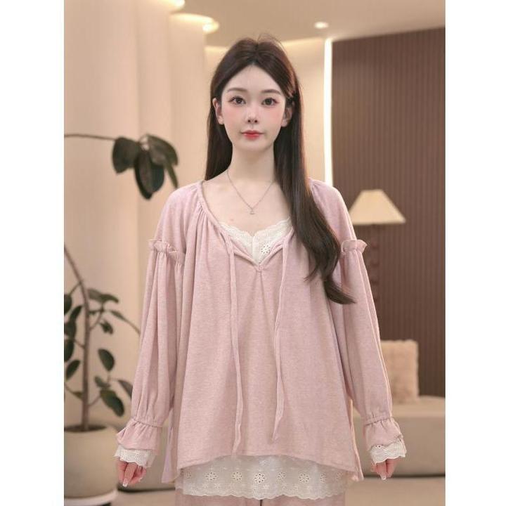 2025新款春秋睡衣女长袖甜美棉绒冬款假两件家居服套装可外穿蕾丝