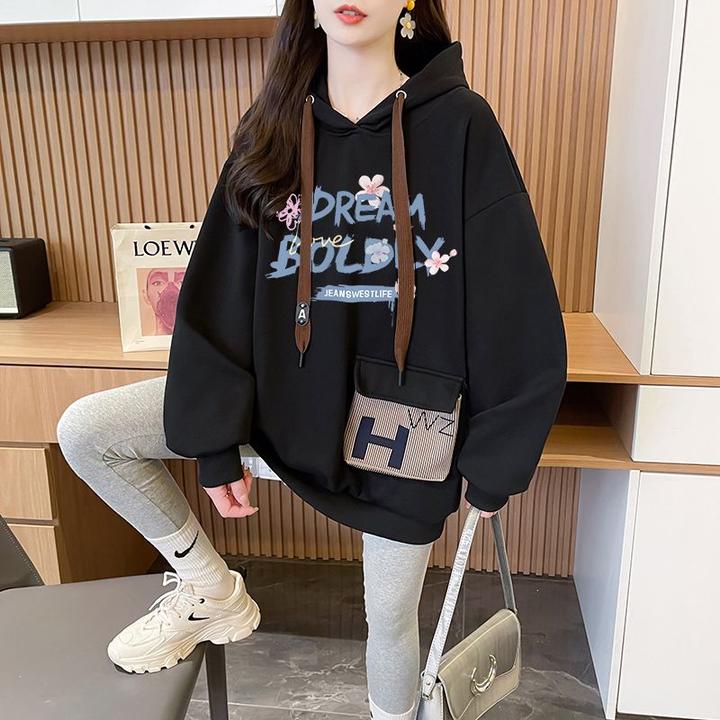 大码胖mm宽松连帽口袋卫衣女薄款洋气减龄ins潮牌显瘦上衣中长款