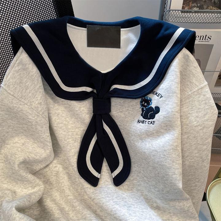 大码胖MM休闲甜美显瘦洋气卫衣秋季学院风海军领时尚宽松拼接上衣