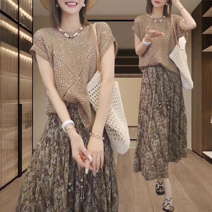 法式时尚套装2025年夏季新款高级感女装气质上衣碎花半身裙两件套