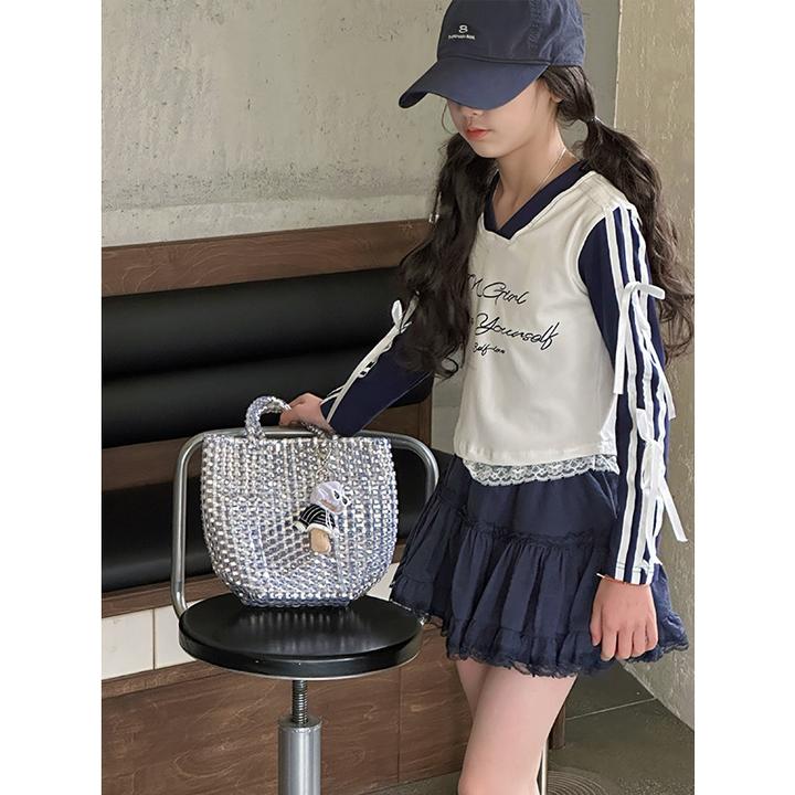 K28167蕾丝拼接女童短袖T恤2025新款夏短款上衣春秋女大童打底衫t