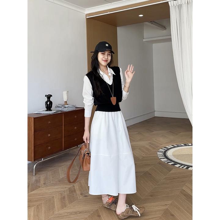 张阿星【南法慢调】莱赛尔撞色长袖针织上衣+白色半身裙 W425A11587