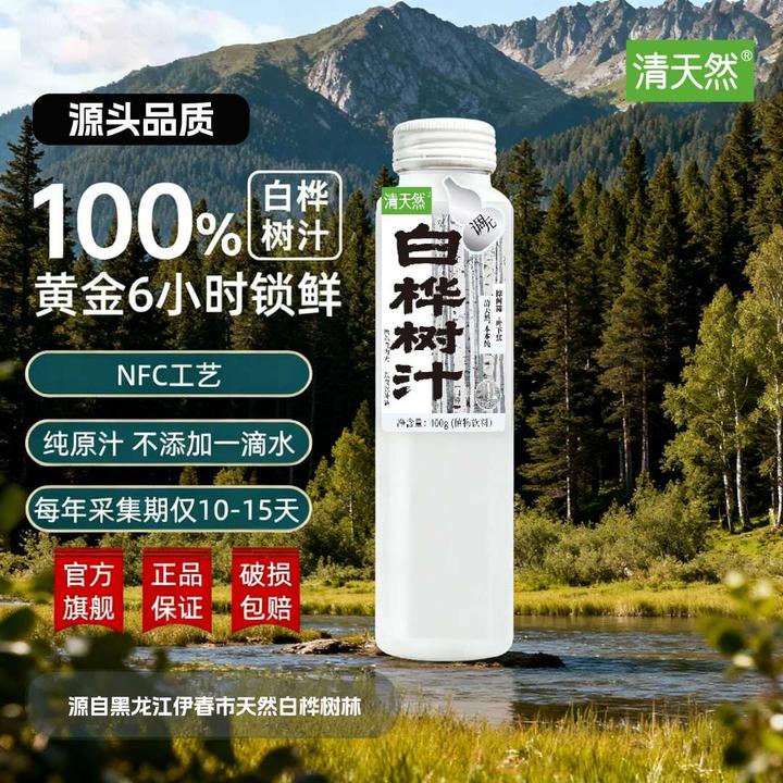 真植 【清天然白桦树汁】玻璃瓶装，东北伊春桦树NFC100%白桦树原汁