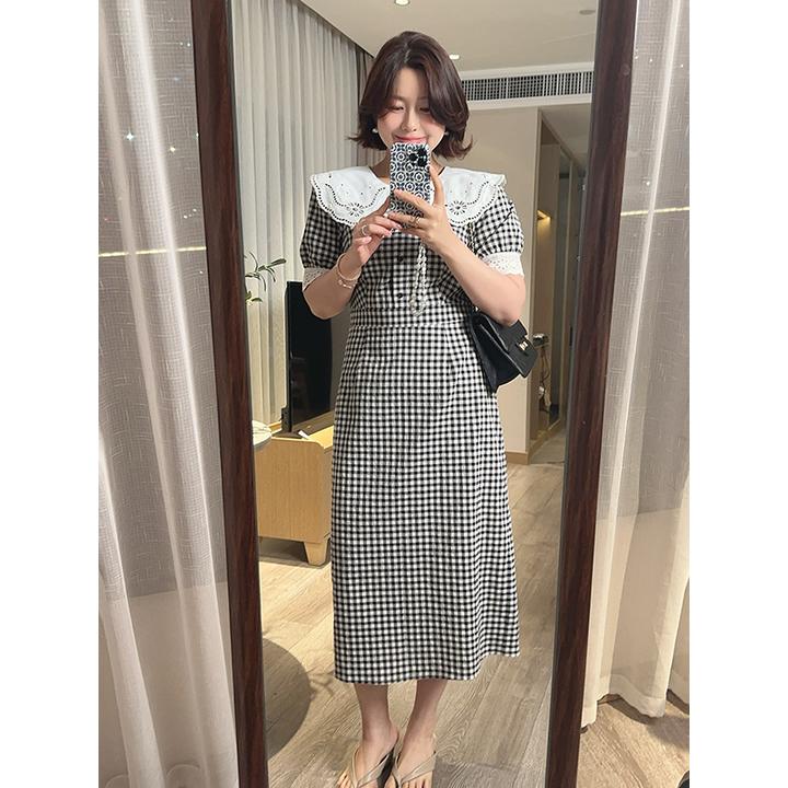 【DIS 现货】【琴语小岛】夏季百搭显瘦黑白格子连衣裙Z525Q10257