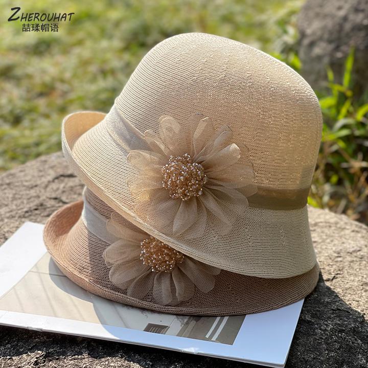 网纱花朵渔夫帽女高级感夏天薄款透气度假旅游遮阳帽显脸小礼帽子