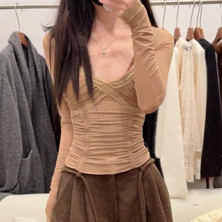 纯欲v领拼接蕾丝长袖T恤女秋季修身褶皱打底衫辣妹内搭上衣
