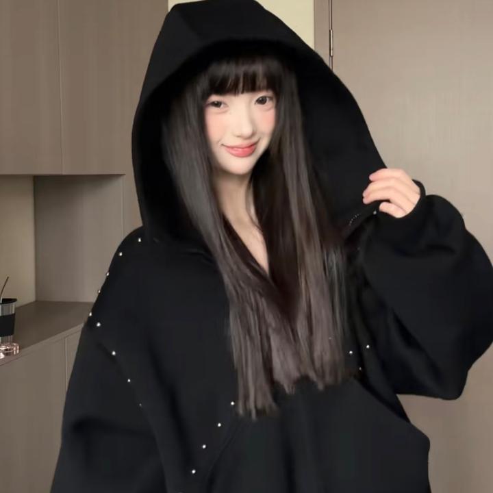 美式复古铆钉高领连帽开衫卫衣女春秋季宽松情侣小众高街拉链外套