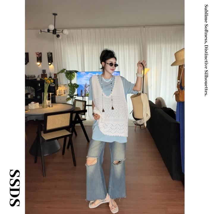 SSDS早秋亚麻薄款两件套镂空透气针织短袖上衣花纹吊带背心套装