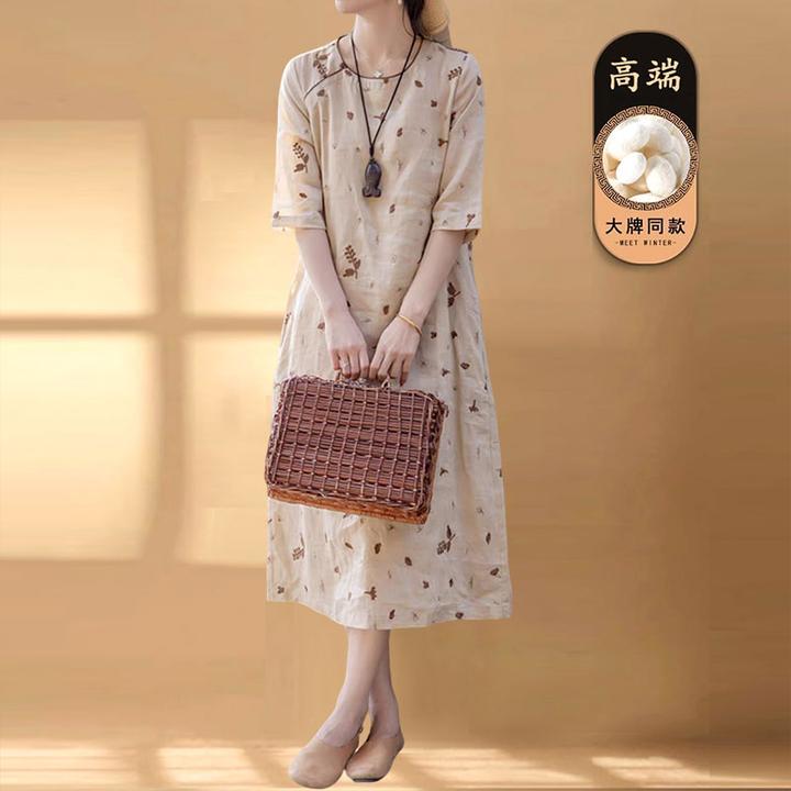 精致满绣刺绣圆领温柔风连衣裙复古洋气国风宽松显瘦气质改良旗袍