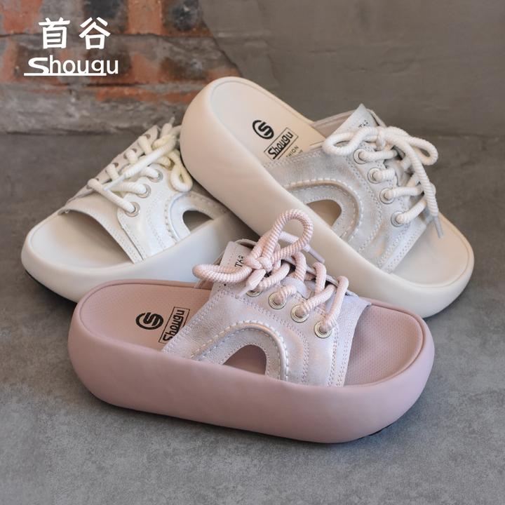 shougu/首谷2025夏季新款时尚系带一字拖鞋女外穿厚底增高凉拖鞋