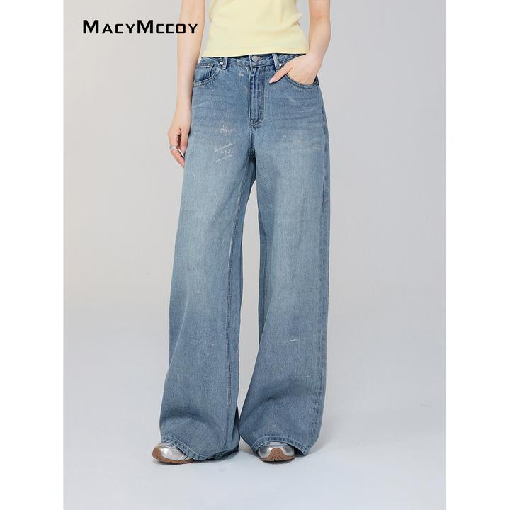 MacyMccoy做旧涂层牛仔阔腿裤女夏季新品设计感显高显瘦直筒长裤