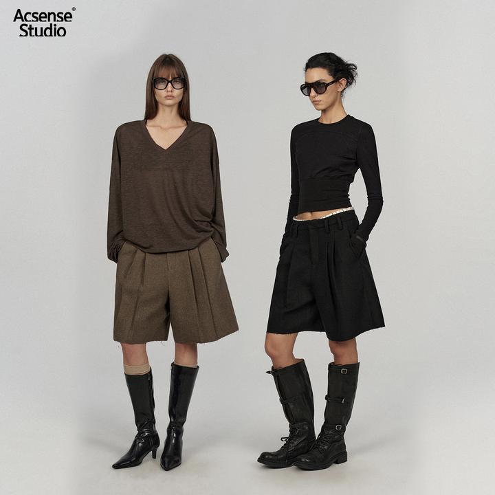 ACSENSE STUDIO 压褶拼接条纹宽松直筒西装中裤