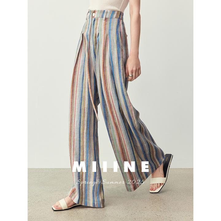MIIINE 彩虹条 定染亚麻彩色条纹阔腿裤女休闲裤 宽松设计感