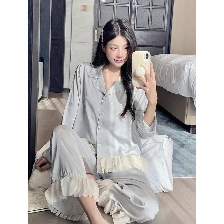 2025新款睡衣女春秋季冰丝纯欲长袖长裤可外穿家居服性感花边套装