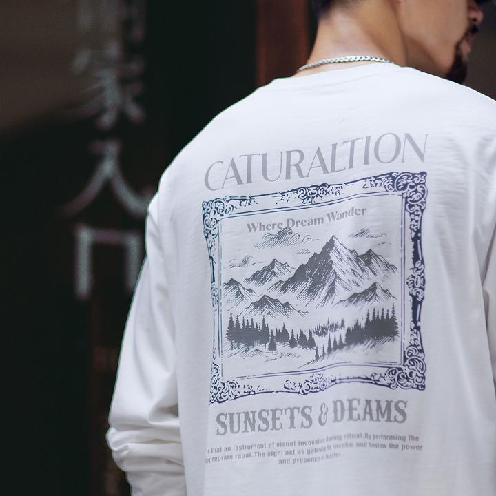 U&PURA2025秋季新款白色长袖t恤男宽松潮牌山系印花上衣纯棉内搭