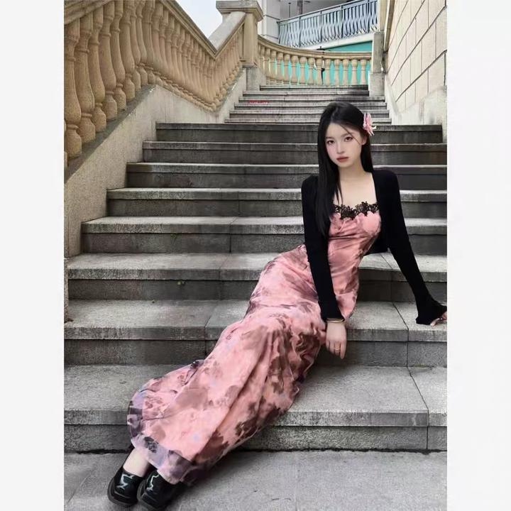 2024风蕾丝拼接扎染吊带连衣裙套装女夏薄款防晒开衫甜辣收腰长裙