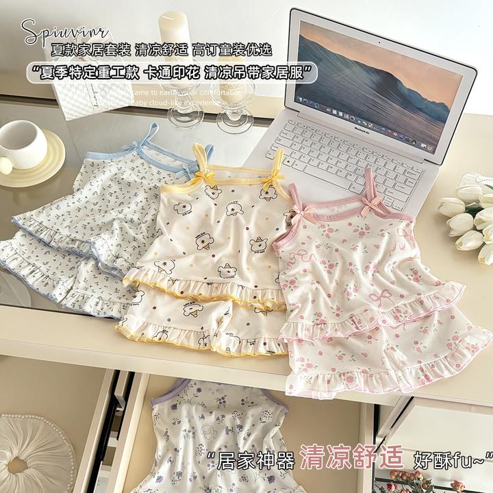2025夏季儿童吊带套装女童无袖裙女童慵懒公主薄款碎花卡通洋气
