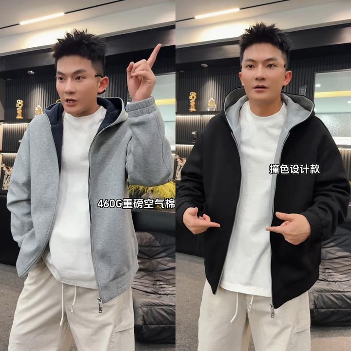 2025秋冬美式高街撞色拼接高克重460G净版慵懒风空气层连帽外套