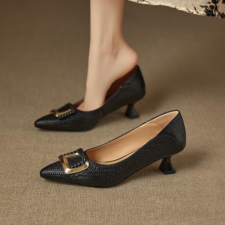 法式优雅气质方扣浅口尖头细跟高跟鞋女真皮软皮单鞋职业工作鞋女