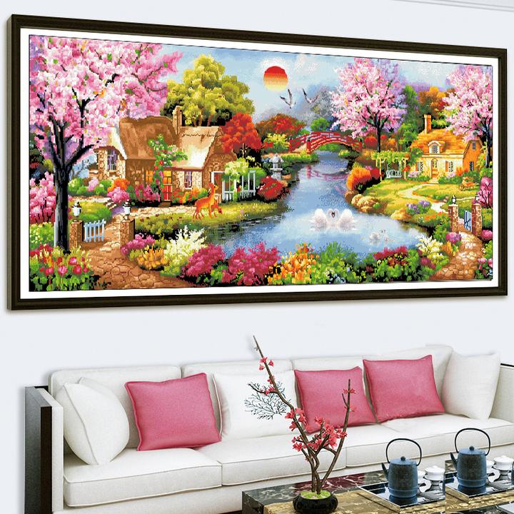 垚心十字绣线绣花园小屋欧式梦幻家园新款客厅大幅田园风景满绣