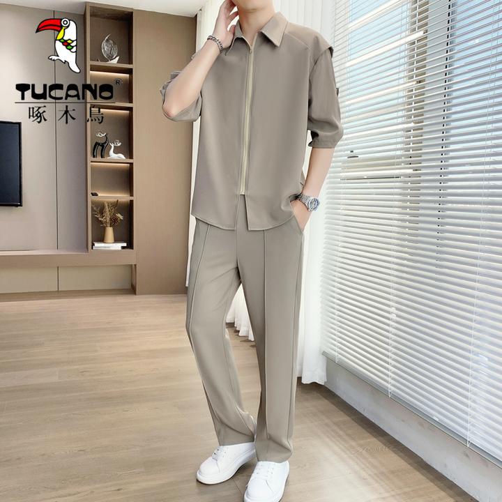 啄木鸟时尚潮流衬衫套装男士春秋休闲轻熟痞帅搭配商务休闲西裤男