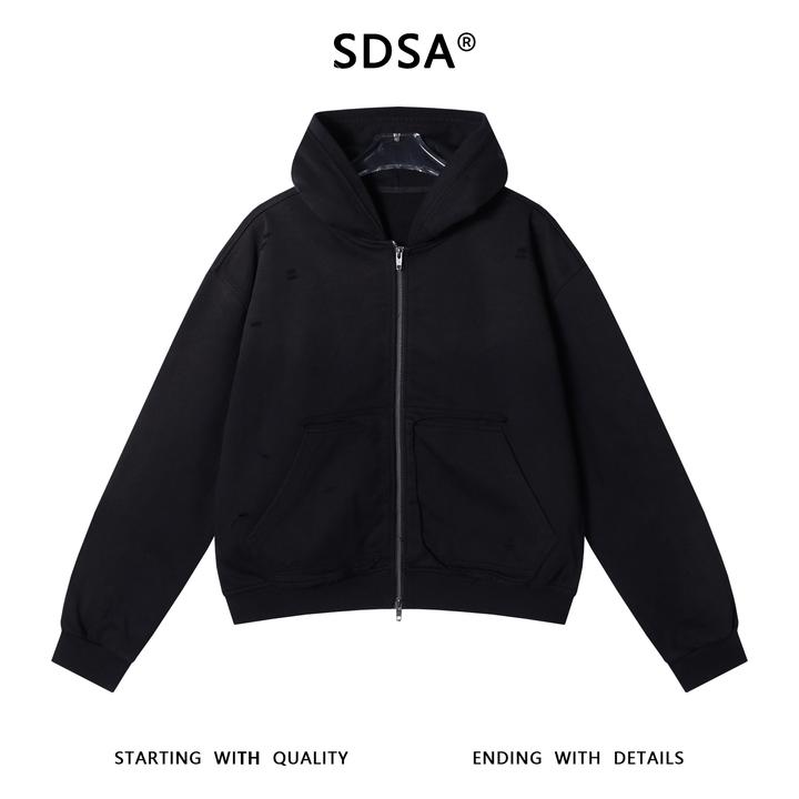 SDSA男士春秋新款痞帅男装破洞拉链连帽短款卫衣潮牌宽松开衫上衣