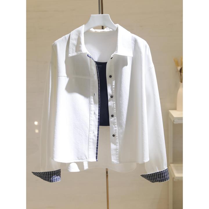 culv白色衬衫外套女2025春秋新款韩版宽松休闲显瘦格子拼接上衣女
