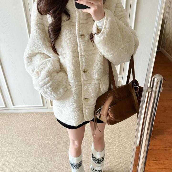 韩系慵懒风连帽仿羊羔毛外套女冬季加厚保暖宽松皮毛一体条纹大衣