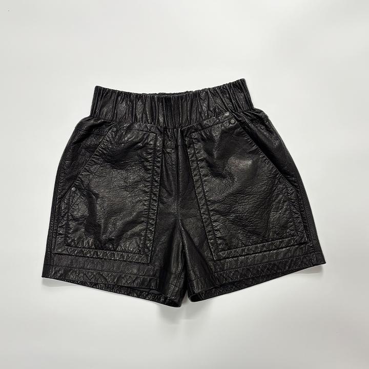 女士头层油蜡小牛皮松紧腰短裤雅丹阔腿高腰休闲五分裤真皮皮裤